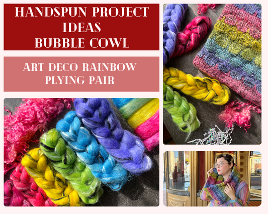 Stephen West bubble cowl knit in Green Goat Ranch Rainbow Art Deco collection